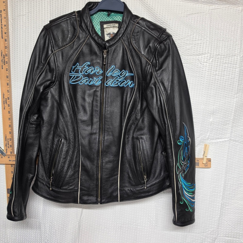 Harley Davidson Womens Black Leather Riding Jacket Blue Embroidery Large